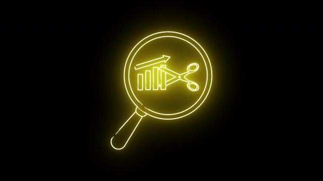 Neon yellow magnifying glass over bar graph upward arrow and scissors on black background