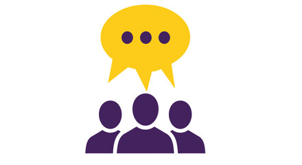 Group of people discussing beneath a speech bubble bold silhouette