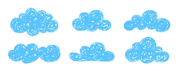 Hand-drawn Blue Crayon Clouds Set on White Background. Collection of six childlike blue clouds drawn with crayons, isolated on white. Ideal for kids' design, education, or playful projects. Vector set