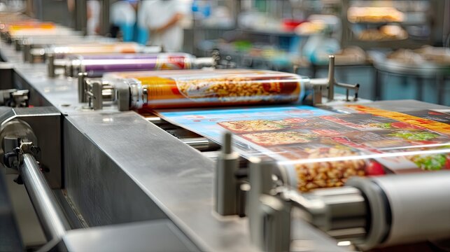 Industrial printing process in a modern food packaging facility showcasing vibrant food labels on rollers