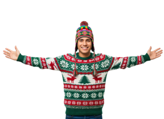 Happy young man in festive Christmas sweater and colorful winter hat with arms outstretched, smiling cheerfully on transparent background.