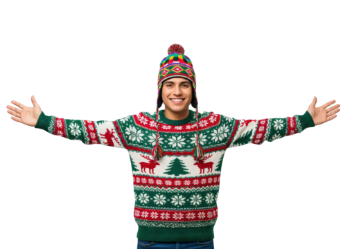 Happy young man in festive Christmas sweater and colorful winter hat with arms outstretched, smiling cheerfully on transparent background. - Powered by Adobe