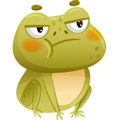 Cartoon Green Frog With A Grumpy Expression Sitting Down With Pink Cheeks And Yellow Accents On A Transparent Background