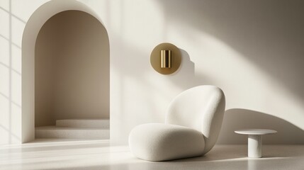 Sunlight streams into a minimalist, arched room, featuring a soft, curved chair and a round gold accent