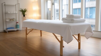 Massage table with white sheet in bright physiotherapy room, wooden floor, natural light, calm and clean atmosphere