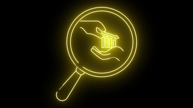 A glowing neon yellow magnifying glass reveals two hands exchanging a graph with an upward trending arrow