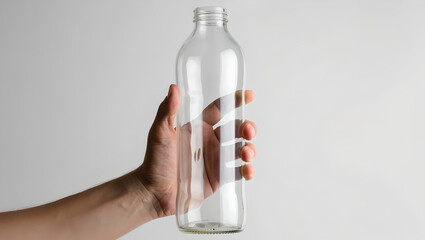 Arm Holding Empty Tall Clear Glass Beverage Bottle