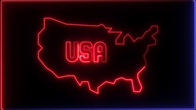Abstract technical USA map, of United States of America showing different states. Animated usa contiguous lower u.s. state neon map on an isolated chroma key background