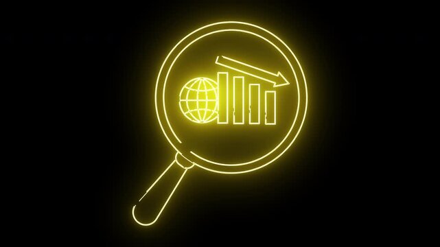 A glowing yellow neon outline of a magnifying glass revealing a globe and a falling bar graph with an arrow