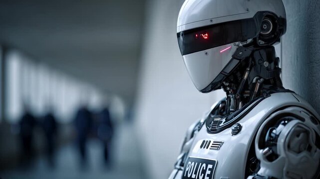 artificial humanoid robot working as a police security guard and observing public area