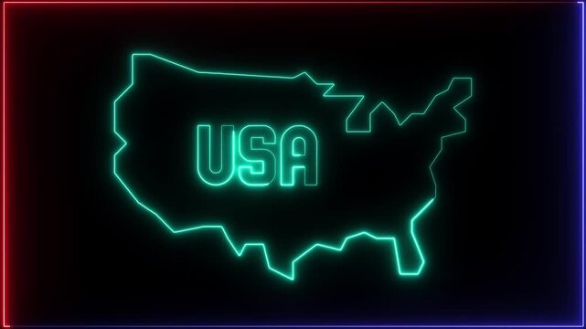 Abstract technical USA map, of United States of America showing different states. Animated usa contiguous lower u.s. state neon map on an isolated chroma key background