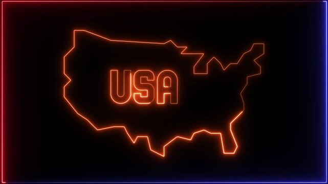 Abstract technical USA map, of United States of America showing different states. Animated usa contiguous lower u.s. state neon map on an isolated chroma key background
