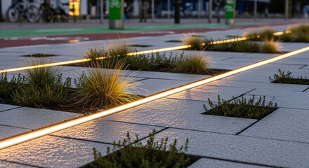 Evening city walk with led pavers, reflections, and native plants