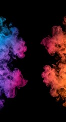 Dramatic rotation of thick, fluid smoke plumes illuminated by colored lights against an intense, dark void ,movement ,swirling ,illuminated