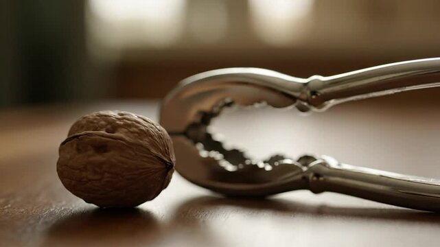 A close-up shot of a walnut next to a metal nutcracker on a wooden surface