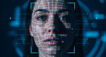 Digital blue grid on face, cyber-security facial scan portrait
