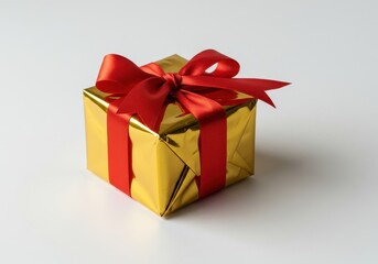 Obraz premium Elegant shiny gold wrapping paper covering a small square present box tied with a bright festive red satin ribbon bow on a clean white surface ,holiday ,special occasion ,colorful