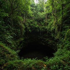 Obraz premium View of a deep, mossy cave mouth opening within a dense, green tropical jungle landscape with high rocky walls ,adventure ,cave ,environment