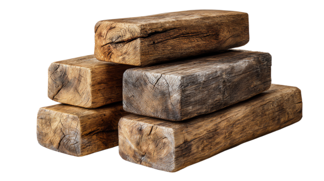 Weathered Timber Blocks: A stack of aged timber blocks, revealing intricate textures and natural grains, suggesting resilience and timelessness.