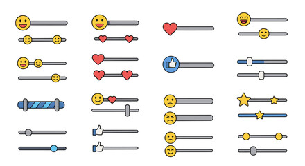 Collection of modern flat design sliders and progress bars with various icons including emojis, hearts, thumbs up, stars, and loading indicators, perfect for UI design, web development, and social
