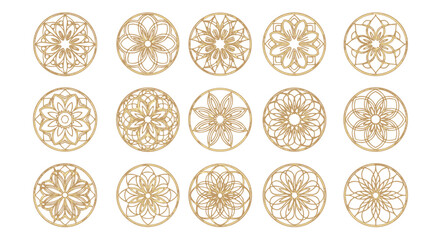 Collection of fifteen intricate golden circular mandala patterns and geometric ornaments on a black background, perfect for decorative design elements, cultural motifs, and spiritual art.