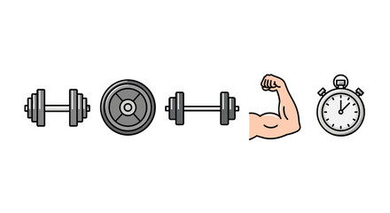 A minimalist vector illustration features a sequence of fitness-related icons on a black background: two dumbbells, a weight plate, a flexed bicep, and a stopwatch, symbolizing strength training