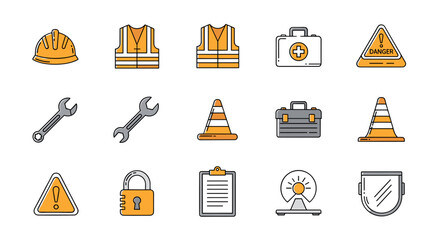 A comprehensive collection of contractor safety management icons, featuring a hard hat, safety vests, wrenches, traffic cones, first aid kit, toolbox, danger sign, lock, clipboard, safety shield, and