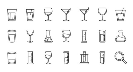 Collection of simple linear outline icons representing various types of glassware, perfect for web, books, cards, and apps. This vector cartoon illustration features editable strokes and a clean