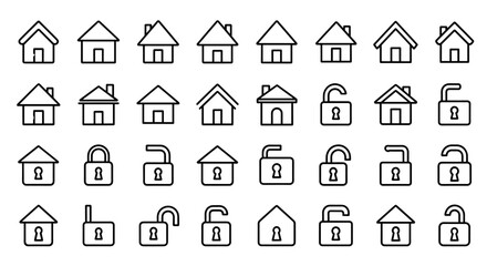 Collection of diverse house outline icons, featuring various architectural styles and lock symbols, perfect for graphic design, web development, app interfaces, advertising, and creating unique