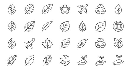 Global line icon collection featuring diverse leaves, a plane, and eco-outline signs, perfect for graphic and web design, apps, adverts, and various cards. This vector cartoon illustration set offers