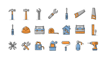 A vibrant and diverse collection of construction and home repair icons, meticulously designed with clean lines and a modern aesthetic, perfect for illustrating DIY projects, renovation, and building