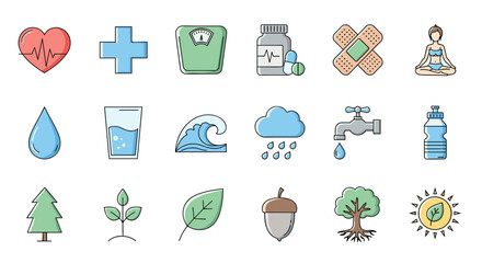 Collection of Health, Water, and Nature Icons: A vibrant set of editable stroke icons featuring a heart rate, medical cross, scale, pills, band-aid, yoga pose, water drop, glass of water, wave, rain
