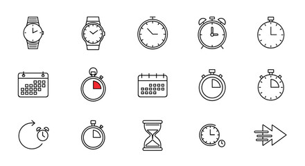Modern thin line style editable vector icon set representing time, including watches, clocks, alarms, calendars, stopwatches, hourglasses, and fast-forward symbols, isolated on a clean white