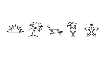 A minimalist outline icon set depicting a serene sunset beach paradise, featuring a setting sun, a tropical palm silhouette, a comfortable beach chair, a refreshing cocktail glass with an umbrella