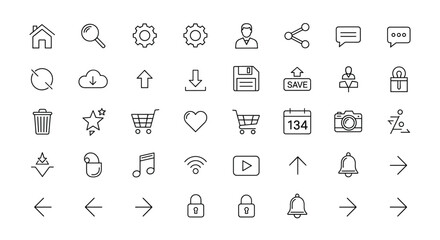 Collection of minimalist line icons for UI/UX design, featuring a diverse range of symbols including home, search, settings, user profile, share, messages, trash, star, shopping cart, heart