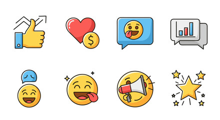 Collection of social media marketing icons and emojis, including a thumbs-up with growth chart, heart with dollar sign, laughing emoji with tongue out, sad emoji, megaphone emoji, and starbursts
