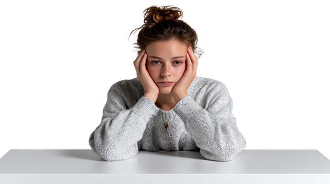 Quiet Contemplation: A young woman sits in a moment of quiet reflection, her gaze direct as she rests her chin in her hands, revealing a serene, introspective mood.