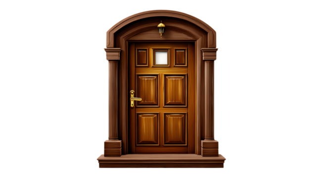 Elegant Entrance: A meticulously crafted, solid wood door, embodying traditional design with its intricate detailing, warm tones, and classic hardware, inviting a sense of timeless elegance.