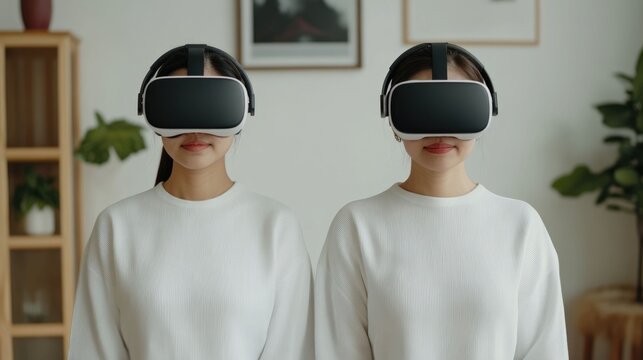 A young Asian couple is fully immersed in a virtual reality experience wearing high tech VR headsets in the comfort of their stylish minimalist home