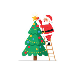 Santa Claus on a ladder putting a star on a Christmas tree. © M