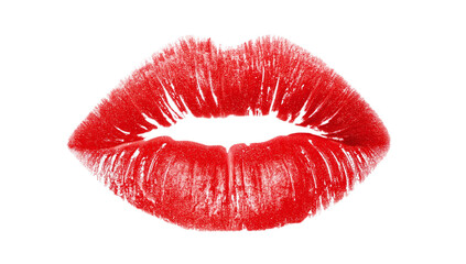 Realistic macro photograph of a sensual red lipstick kiss print showing detailed lip texture isolated on a pure white canvas