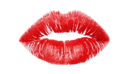 Realistic macro photograph of a sensual red lipstick kiss print showing detailed lip texture isolated on a pure white canvas