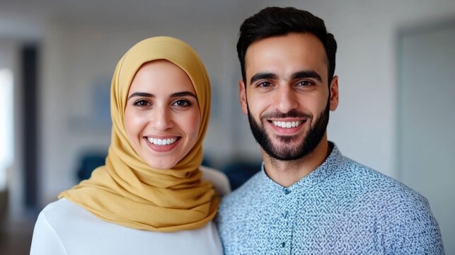 Cheerful Muslim couple standing together in a modern home interior interacting with a smart thermostat device and smiling at the The image showcases their lifestyle technology usage