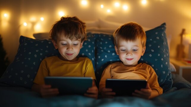 Two young brothers intently engaged with a learning app on a tablet device while sitting together comfortably in their bedroom