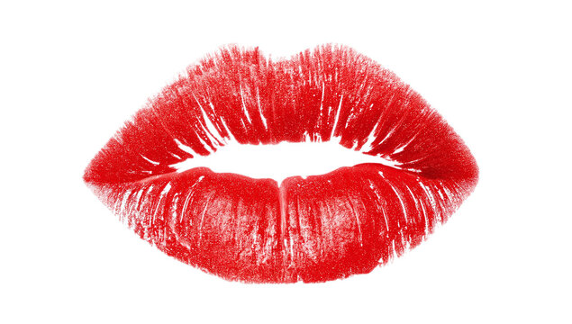 Realistic macro photograph of a sensual red lipstick kiss print showing detailed lip texture isolated on a pure white canvas