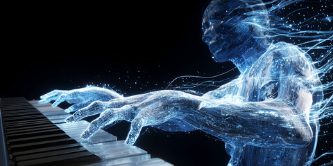 Digital Sonata: Fingers in the Flow of Light, ai generated.