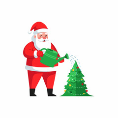 Funny Santa Claus watering a decorated Christmas tree from a green watering can.
