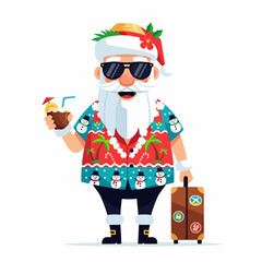 Santa Claus on a tropical Christmas vacation with suitcase and cocktail.