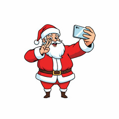 Cartoon Santa Claus taking a selfie with a smartphone and showing a peace sign.