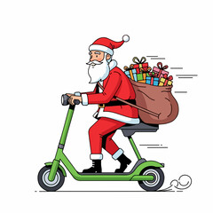 Santa Claus riding a modern green electric scooter with a sack of Christmas presents.